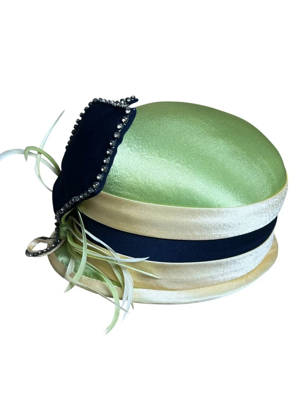 VTG ML Studio Green Satin Cloche Derby Church Hat Fascinator Cocktail Headpiece